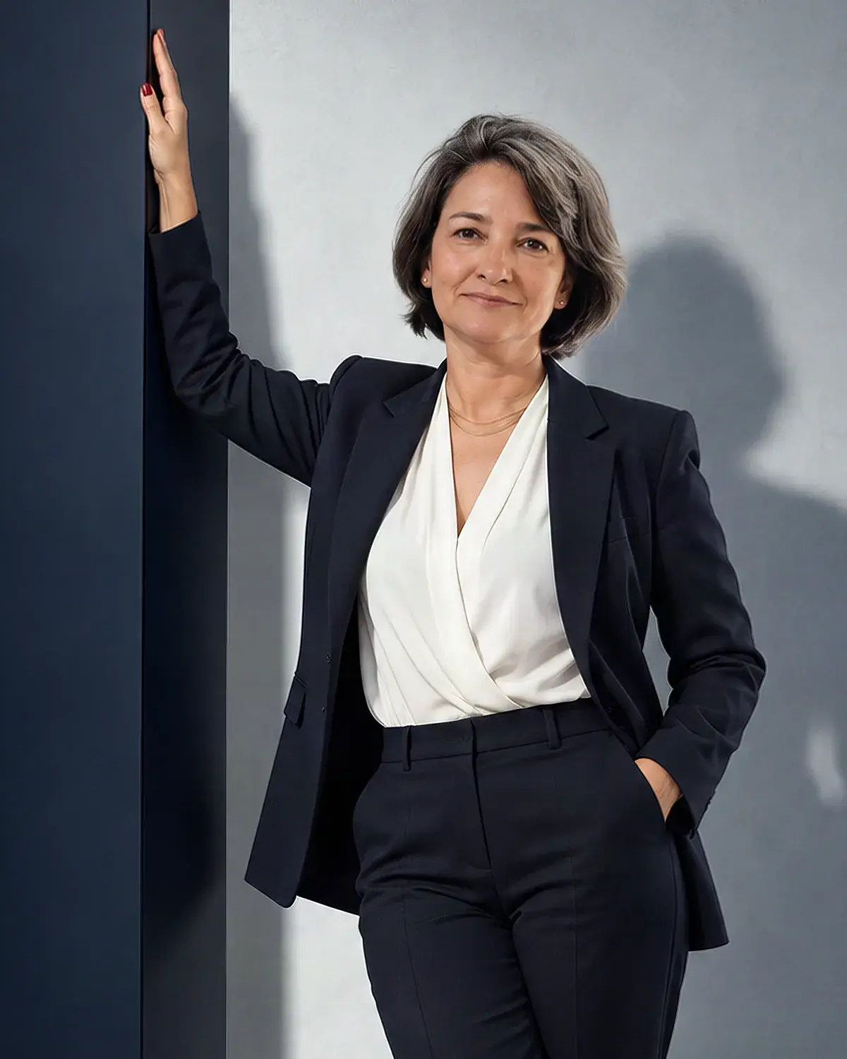 Simone Troina de pé, de terno azul-marinho, com a mão apoiada em um painel escuro.